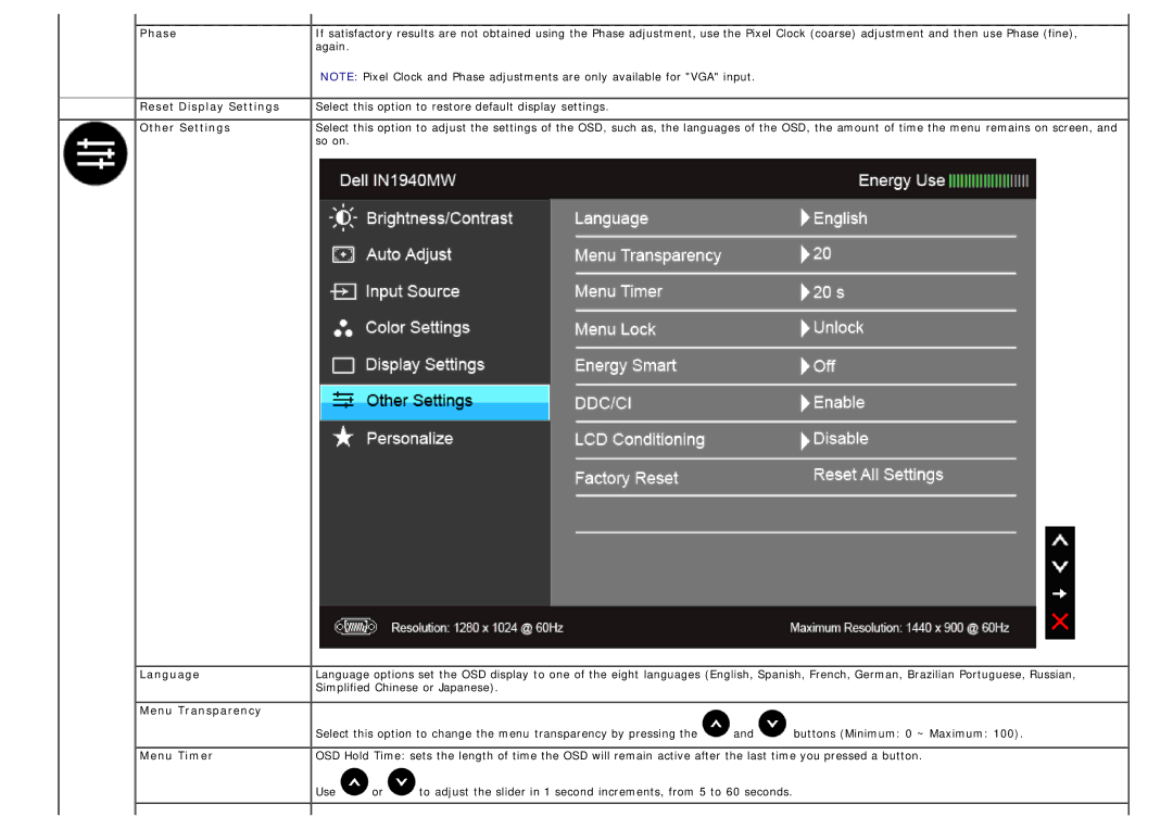 Dell IN1940MW manual Phase, Reset Display Settings, Other Settings, Language, Menu Transparency, Menu Timer 