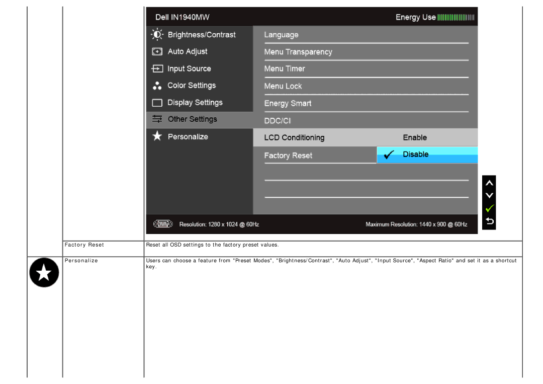 Dell IN1940MW manual Factory Reset, Personalize 