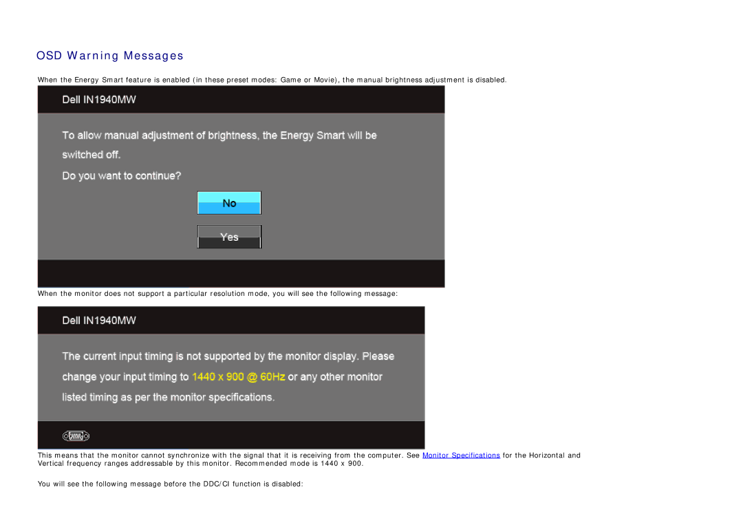 Dell IN1940MW manual OSD Warning Messages 