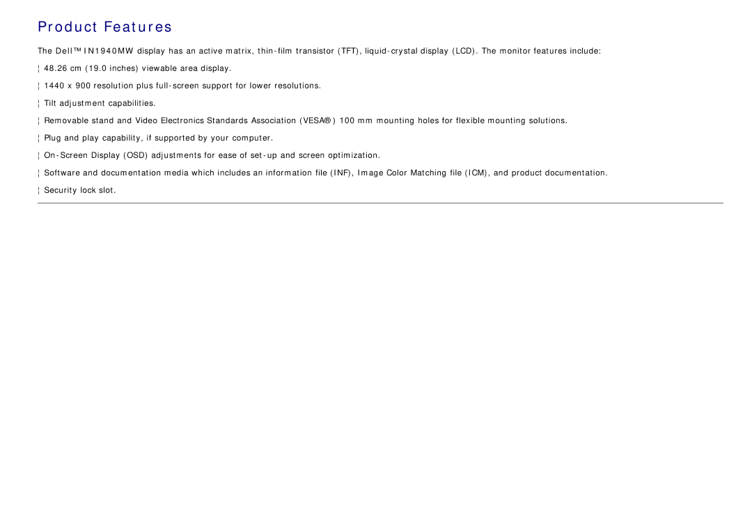 Dell IN1940MW manual Product Features 