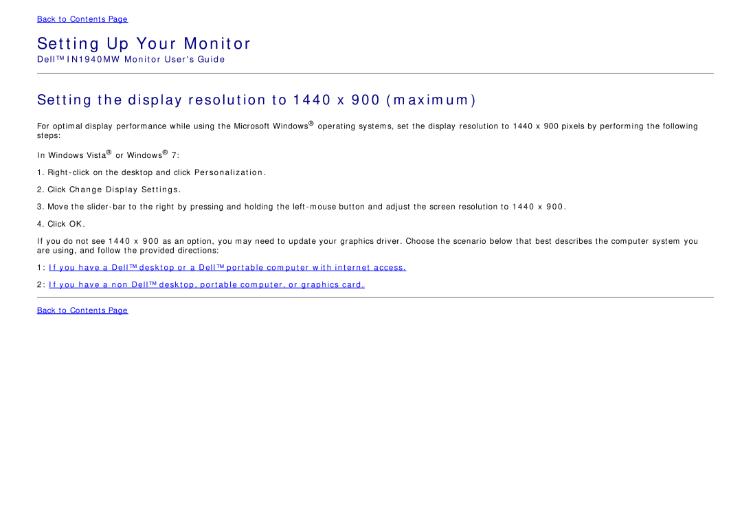 Dell IN1940MW manual Setting Up Your Monitor, Click Change Display Settings 