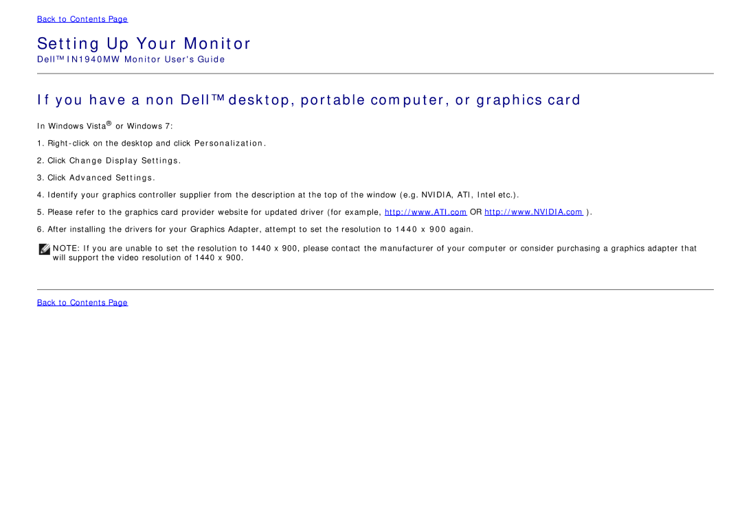 Dell IN1940MW manual Click Change Display Settings Click Advanced Settings 