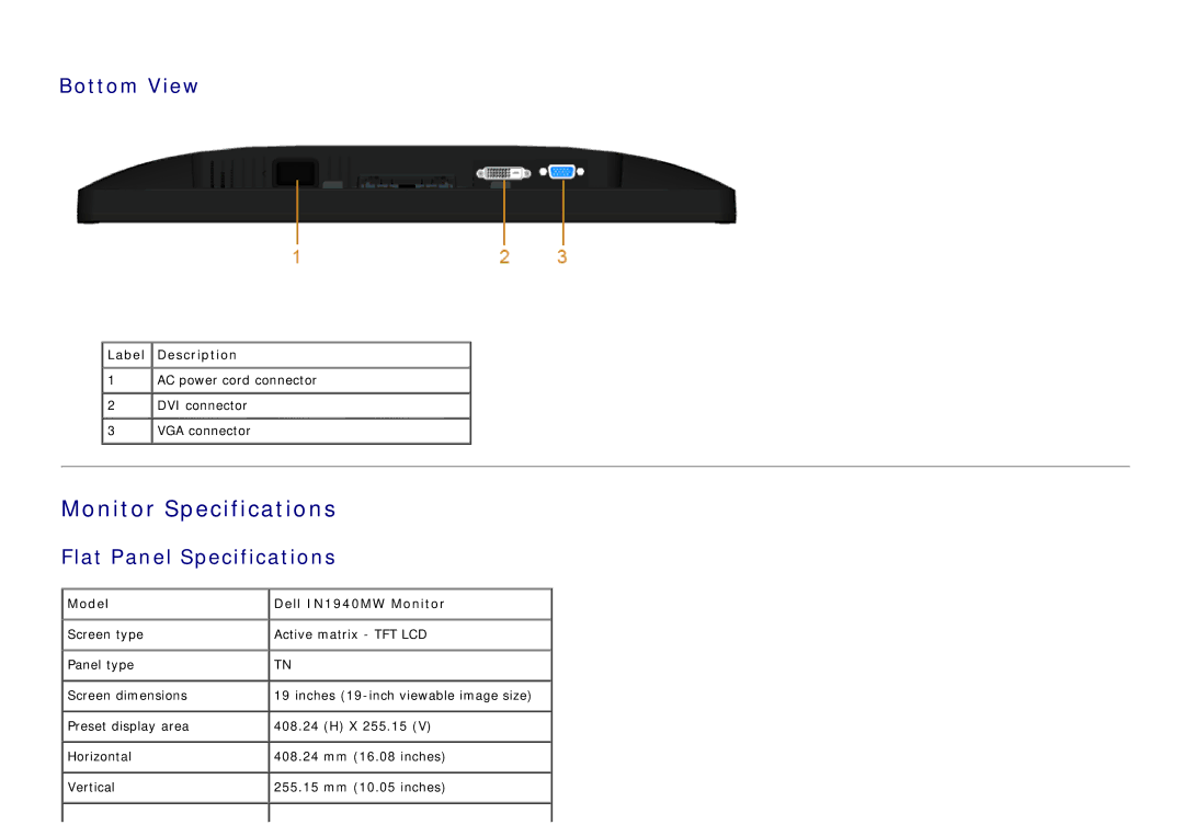 Dell manual Bottom View, Flat Panel Specifications, Model, Dell IN1940MW Monitor 