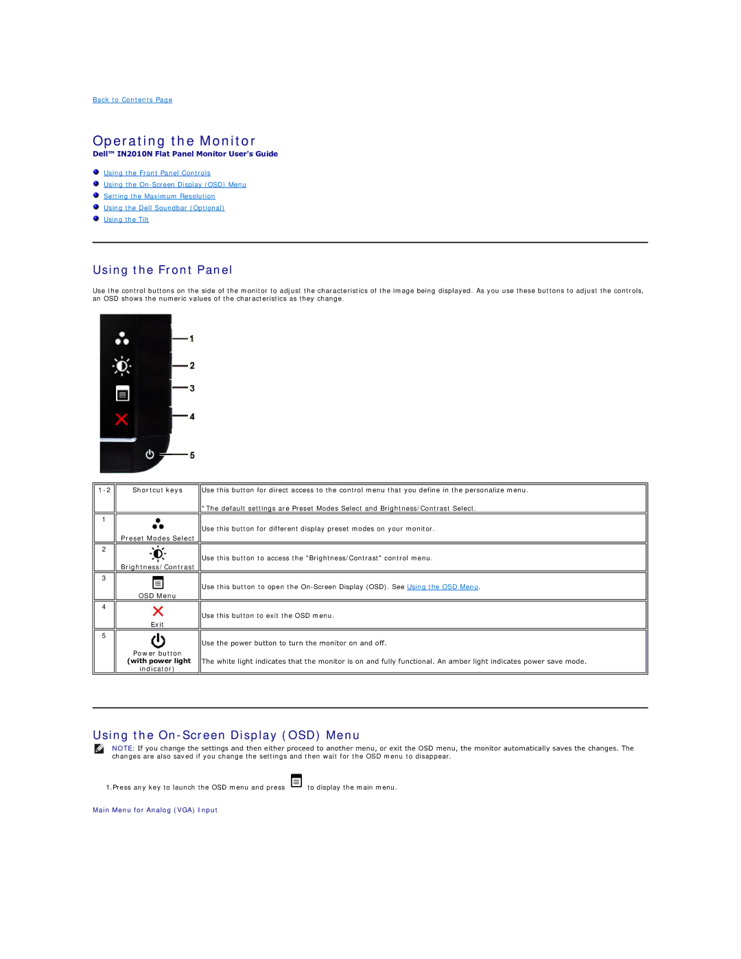 Dell IN2010N appendix Operating the Monitor, Using the Front Panel, Using the On-Screen Display OSD Menu 