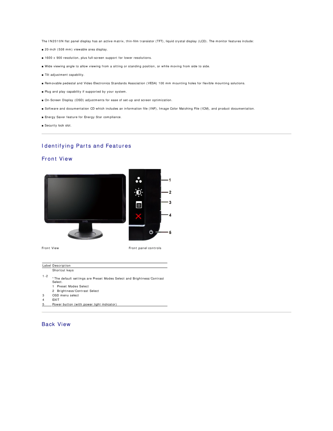 Dell IN2010N Identifying Parts and Features Front View, Back View, Front View Front panel controls Label Description 