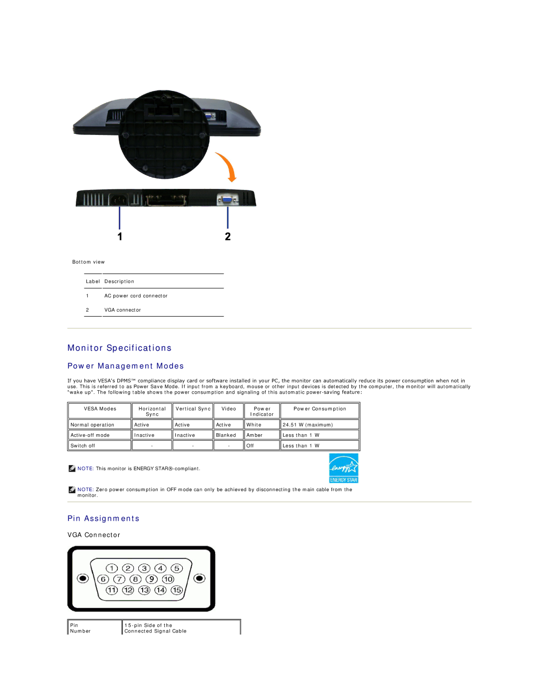 Dell IN2010N appendix Monitor Specifications, Power Management Modes, Pin Assignments 