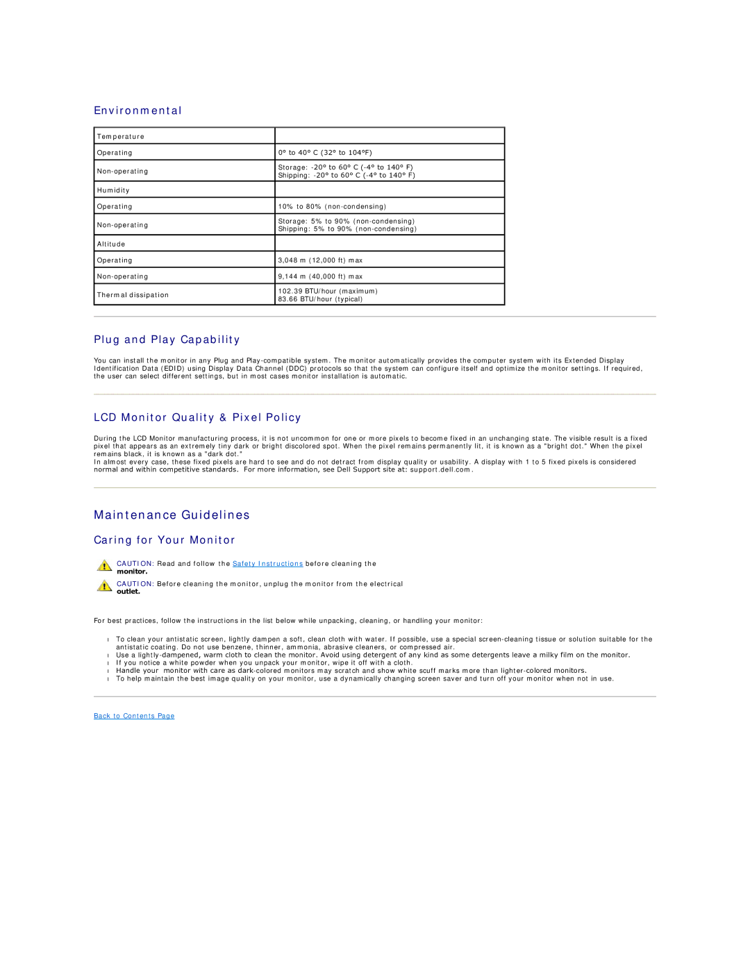 Dell IN2010N appendix Maintenance Guidelines, Environmental, Plug and Play Capability, LCD Monitor Quality & Pixel Policy 