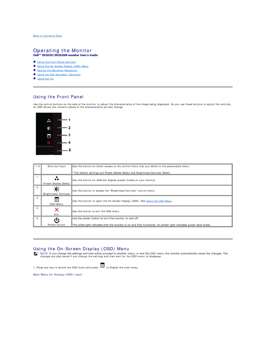 Dell IN2020F, IN2020MF appendix Operating the Monitor, Using the Front Panel, Using the On-Screen Display OSD Menu 