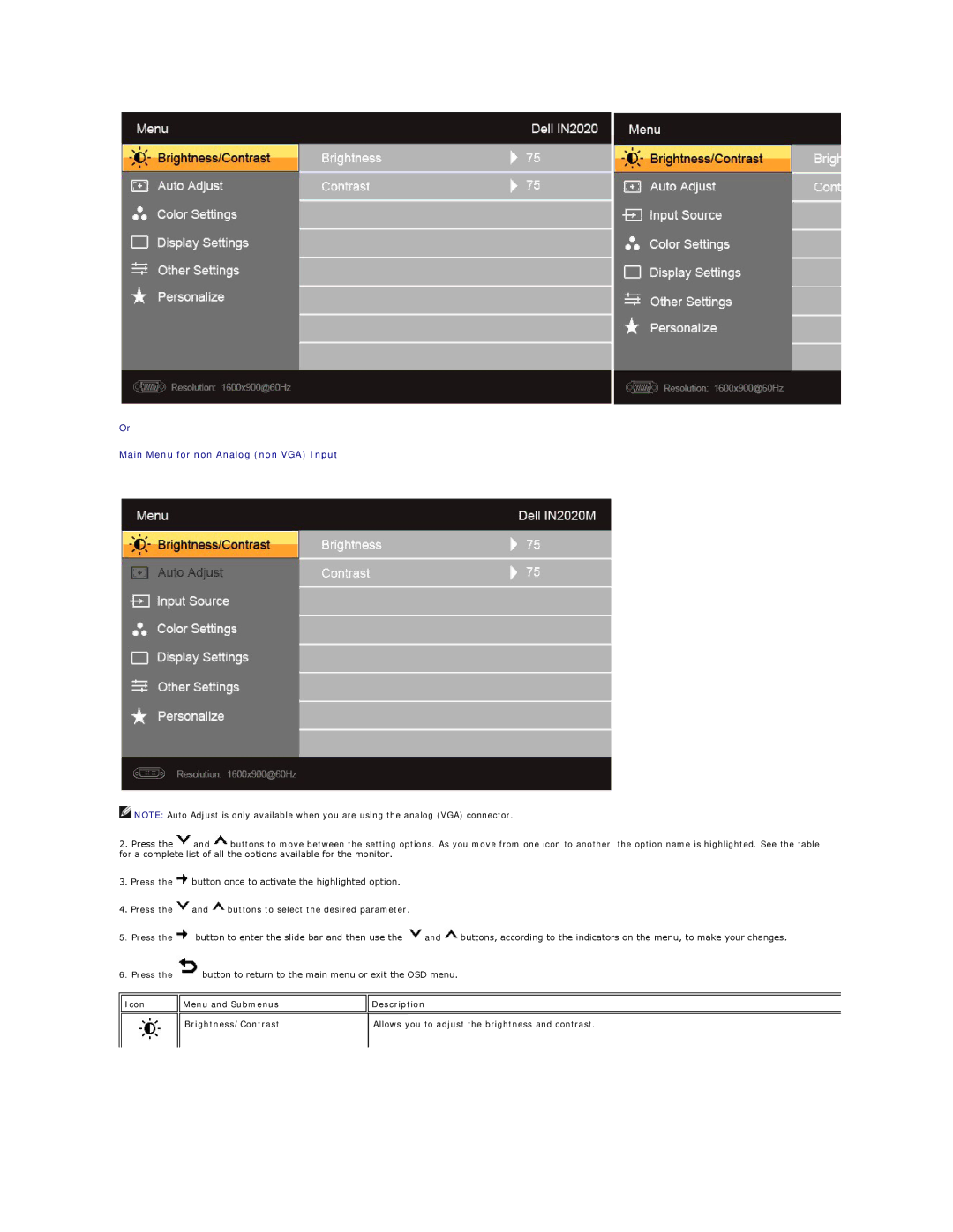 Dell IN2020MF, IN2020F appendix Main Menu for non Analog non VGA Input 