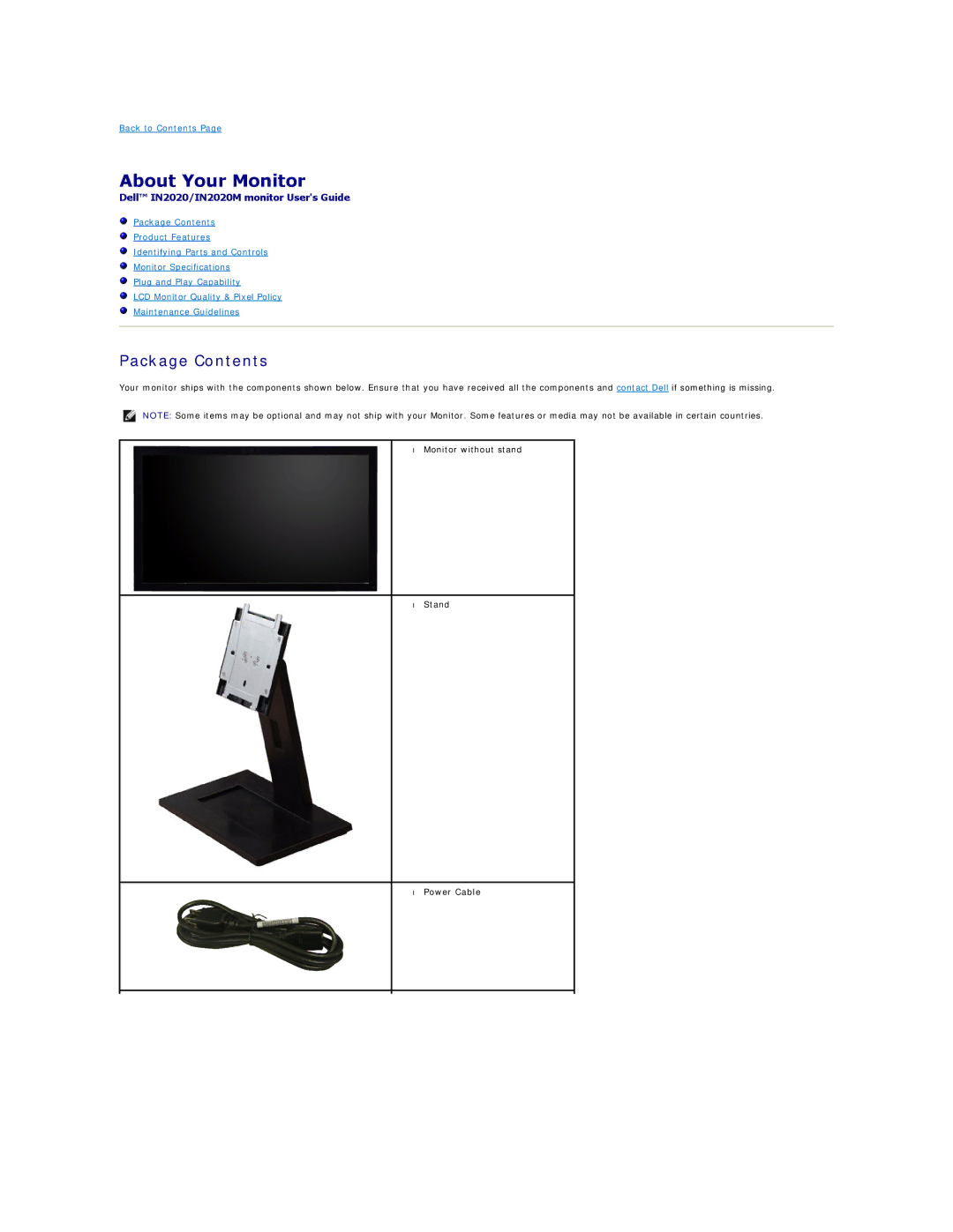 Dell IN2020F, IN2020MF appendix About Your Monitor, Package Contents 