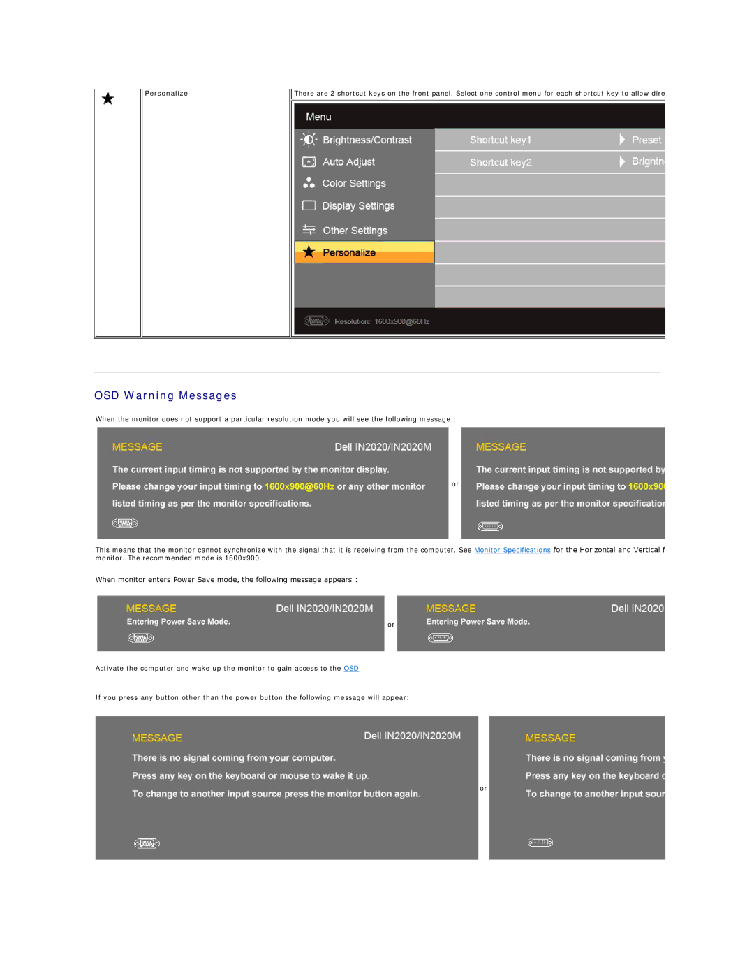 Dell IN2020MF, IN2020F appendix OSD Warning Messages, Personalize 