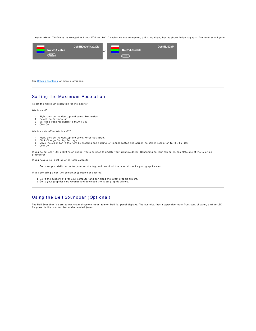 Dell IN2020F, IN2020MF Setting the Maximum Resolution, Using the Dell Soundbar Optional, Click Change Display Settings 