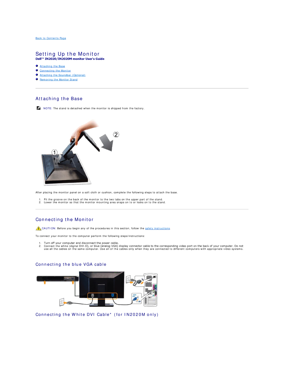 Dell IN2020F, IN2020MF appendix Setting Up the Monitor, Attaching the Base, Connecting the Monitor 