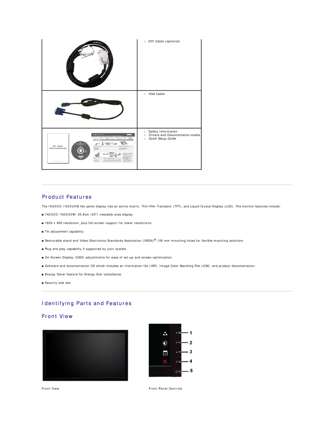 Dell IN2020MF, IN2020F appendix Product Features, Identifying Parts and Features Front View, Front View Front Panel Controls 