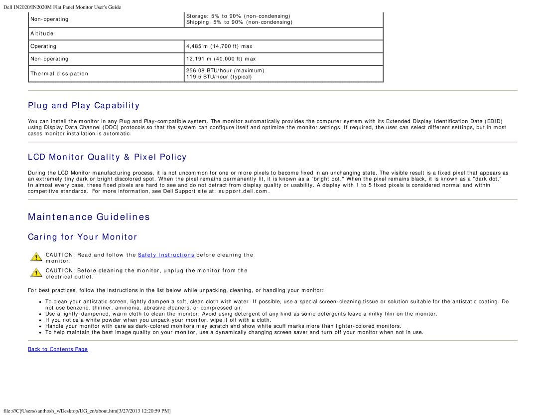 Dell IN2020 Maintenance Guidelines, Plug and Play Capability, LCD Monitor Quality & Pixel Policy, Caring for Your Monitor 