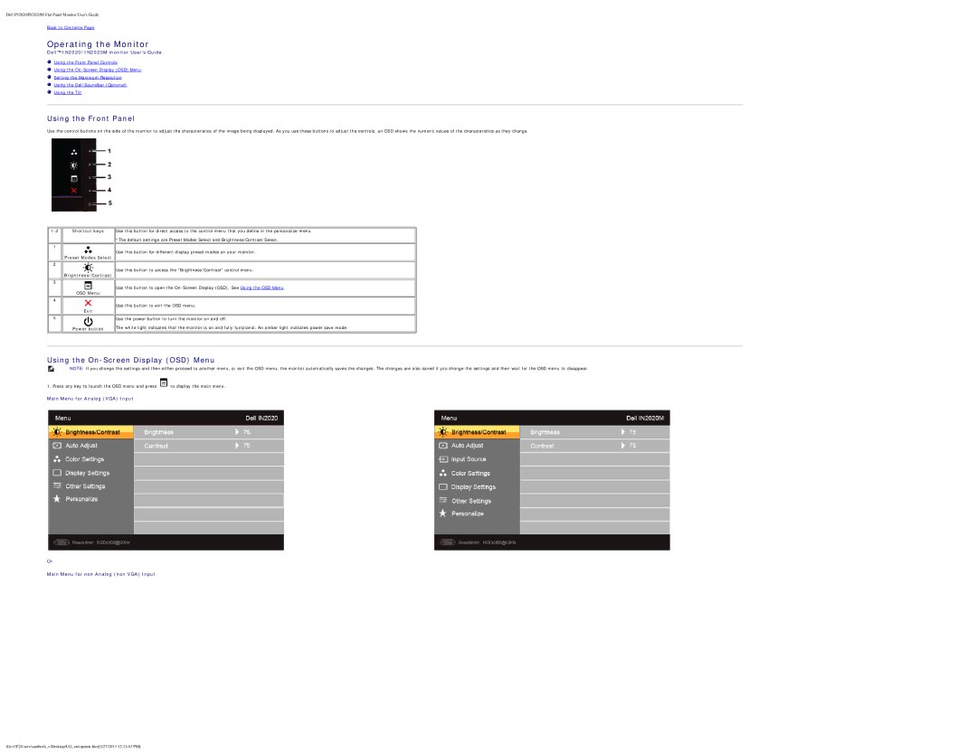 Dell IN2020M appendix Operating the Monitor 