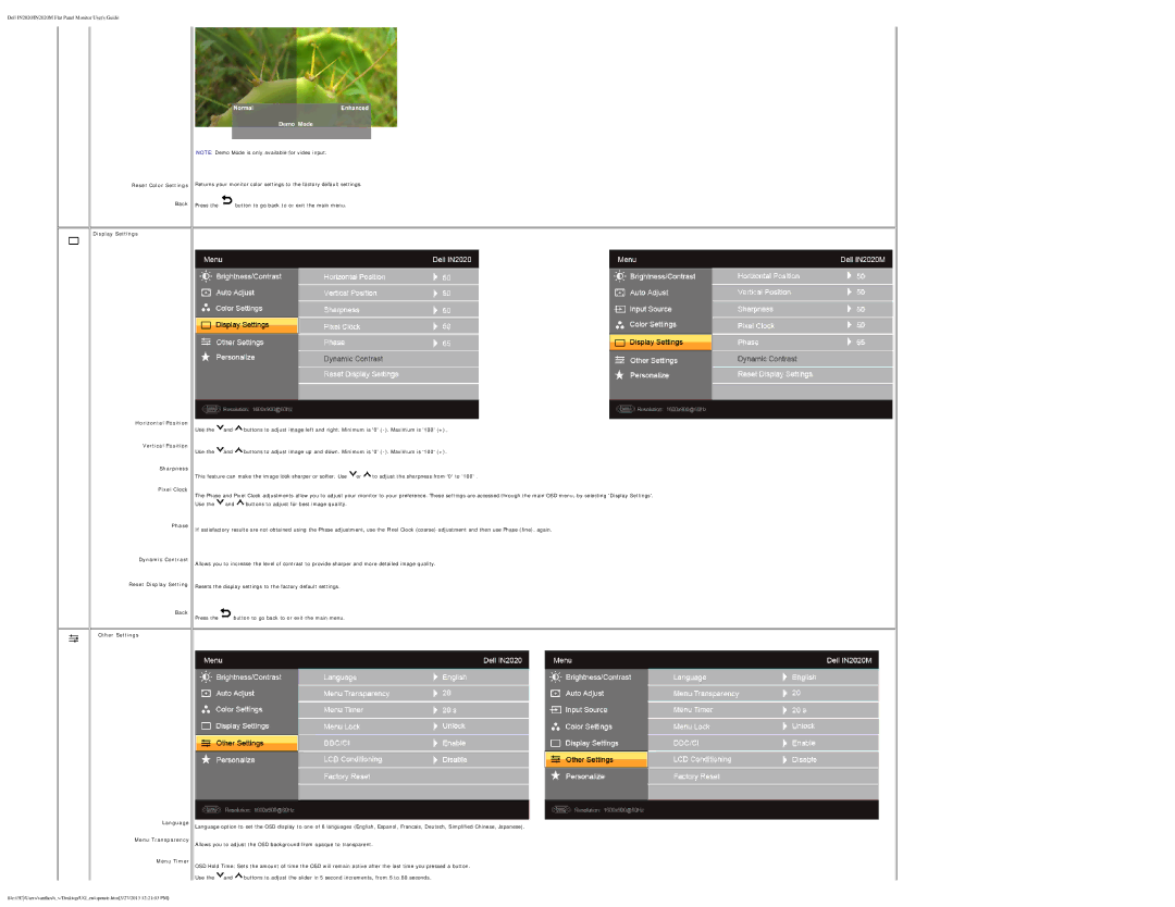 Dell IN2020M appendix Reset Color Settings Back 