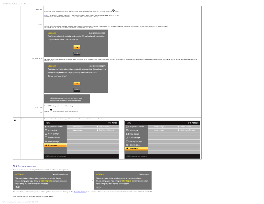 Dell IN2020M appendix OSD Warning Messages 