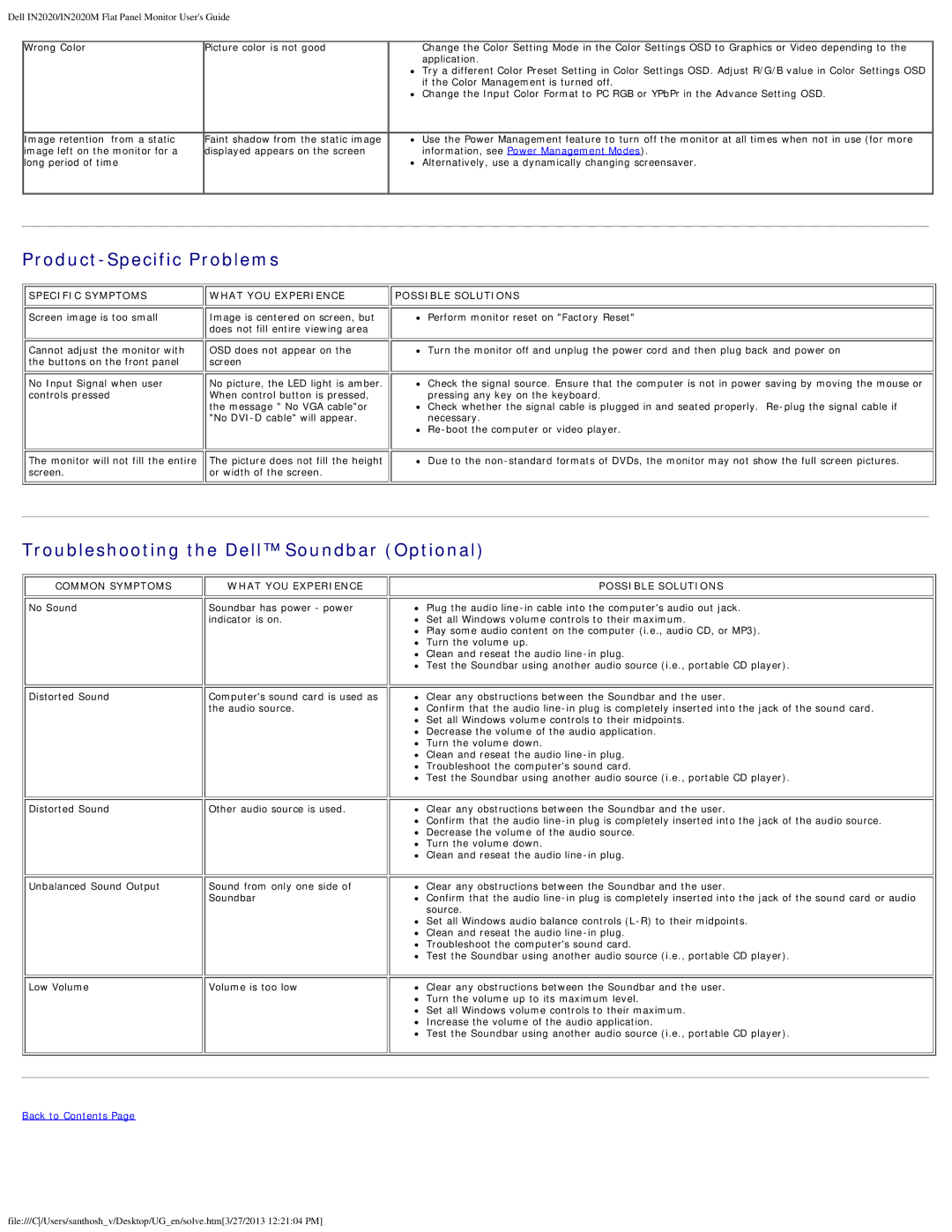 Dell IN2020M appendix Product-Specific Problems 