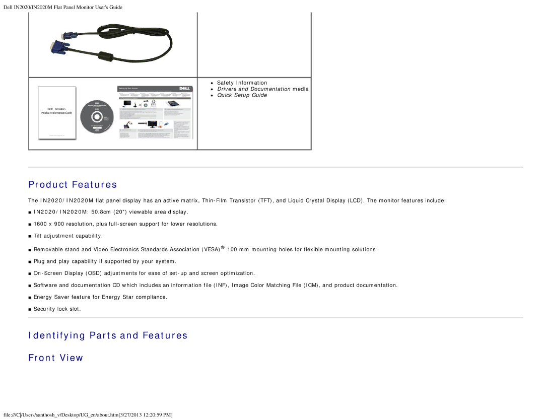 Dell IN2020M appendix Product Features, Identifying Parts and Features Front View 