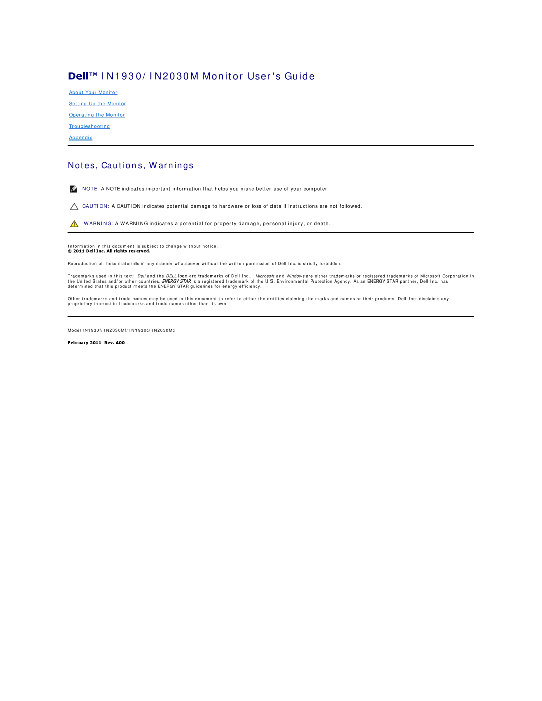 Dell appendix Dell IN1930/IN2030M Monitor Users Guide 