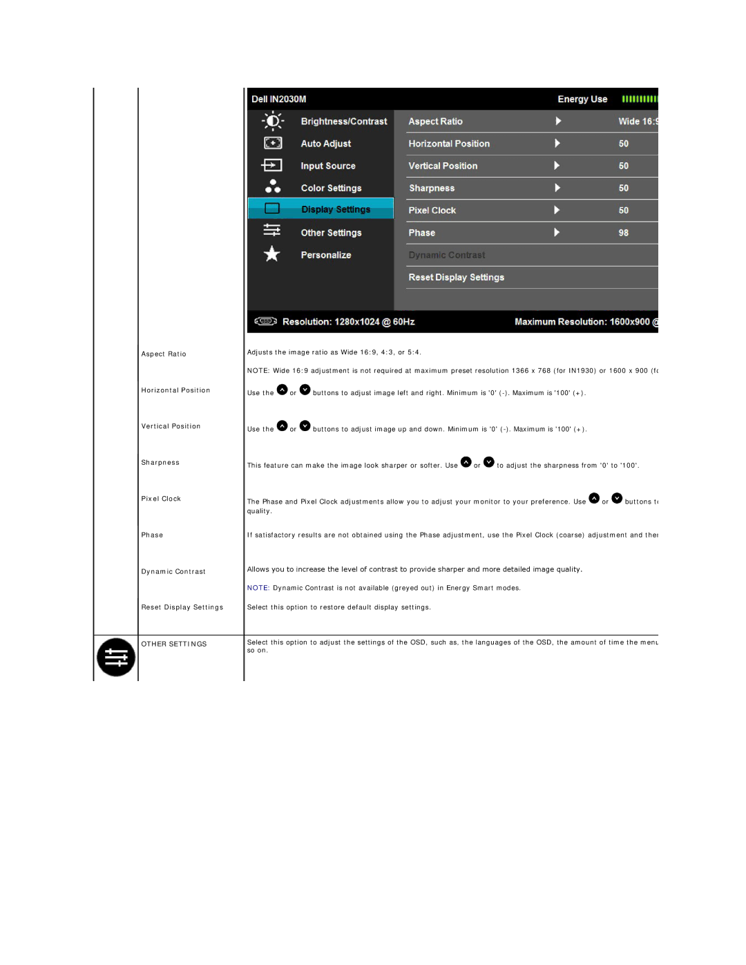 Dell IN1930, IN2030M appendix Other Settings 