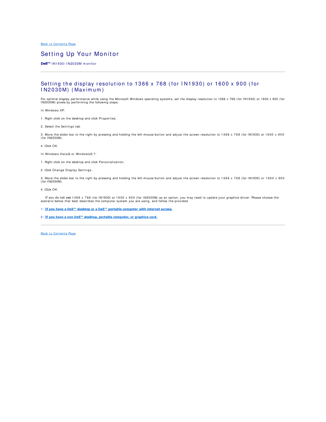 Dell IN1930, IN2030M appendix Setting Up Your Monitor 