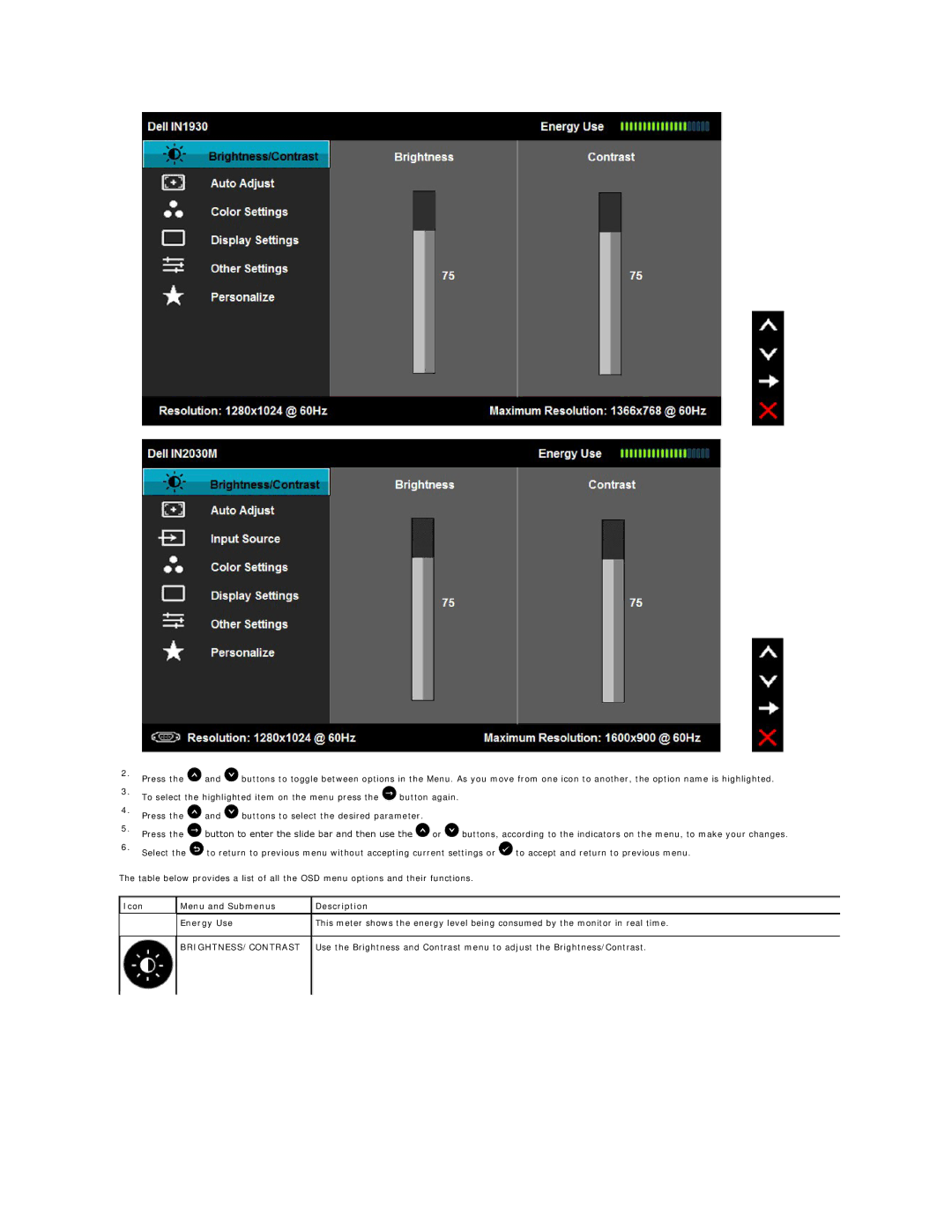 Dell IN1930F, IN2030MF, IN1930C, IN2030MC appendix Brightness/Contrast 