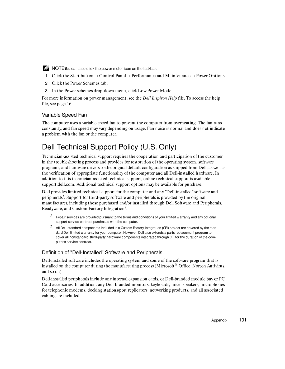 Dell Inspiron 1150 owner manual Dell Technical Support Policy U.S. Only, Variable Speed Fan, 101 