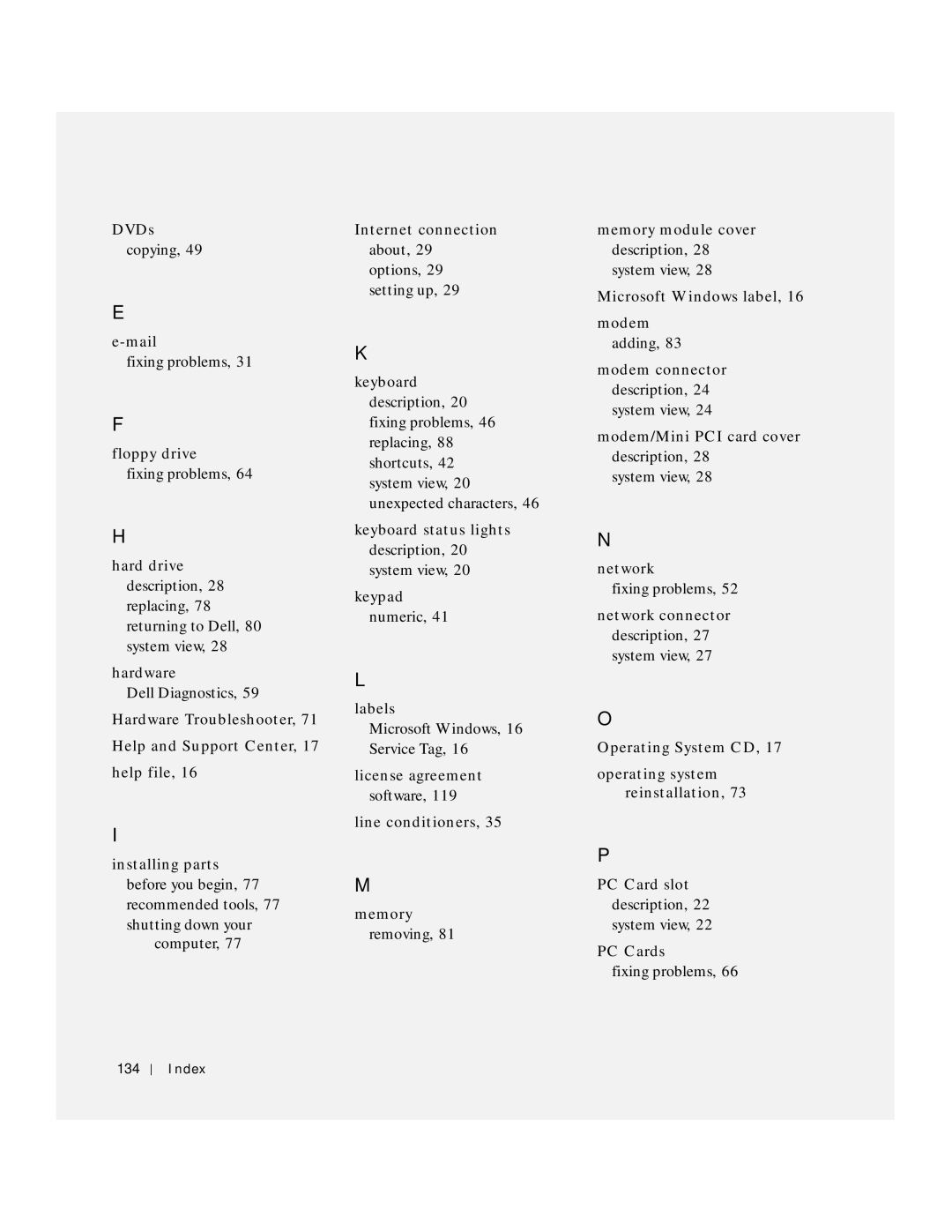 Dell Inspiron 1150 owner manual Index 