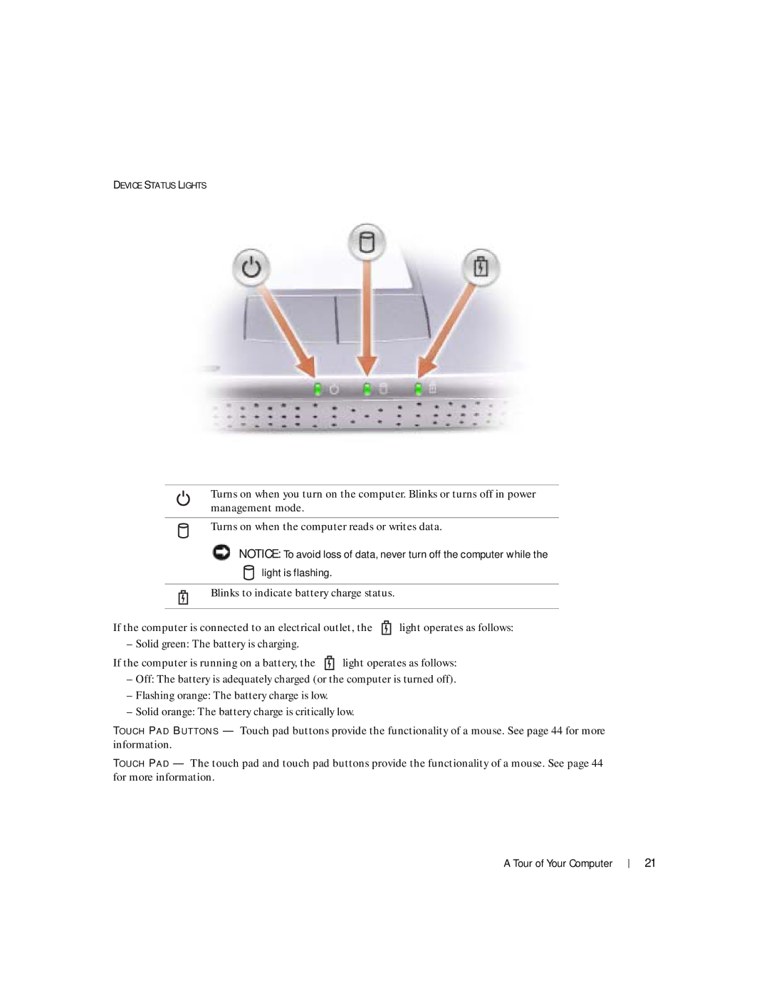 Dell Inspiron 1150 owner manual Device Status Lights 