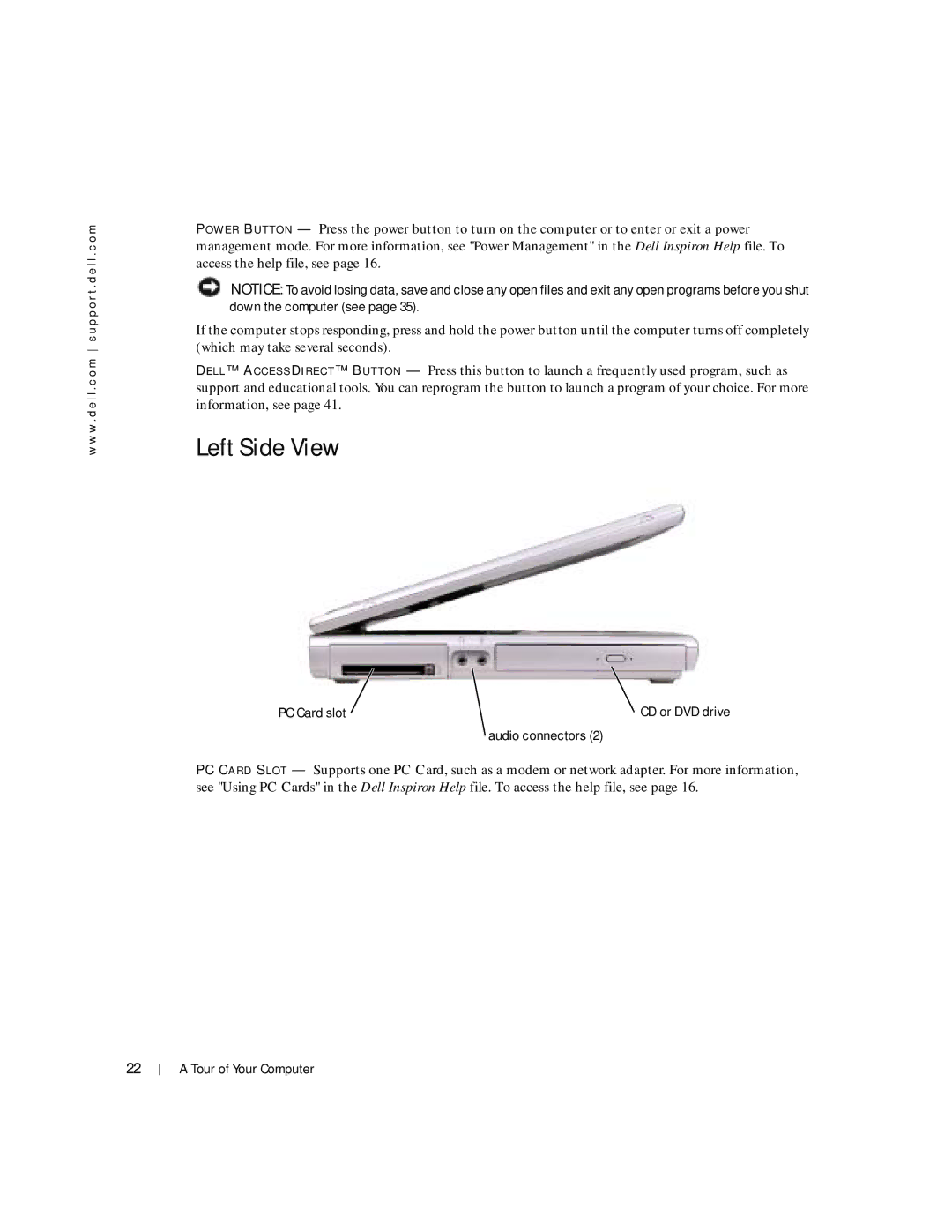 Dell Inspiron 1150 owner manual Left Side View, PC Card slot CD or DVD drive Audio connectors 