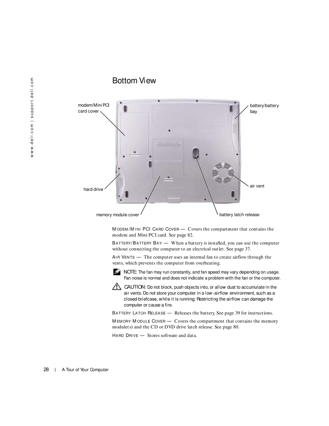 Dell Inspiron 1150 owner manual Bottom View, Memory module cover Battery latch release 