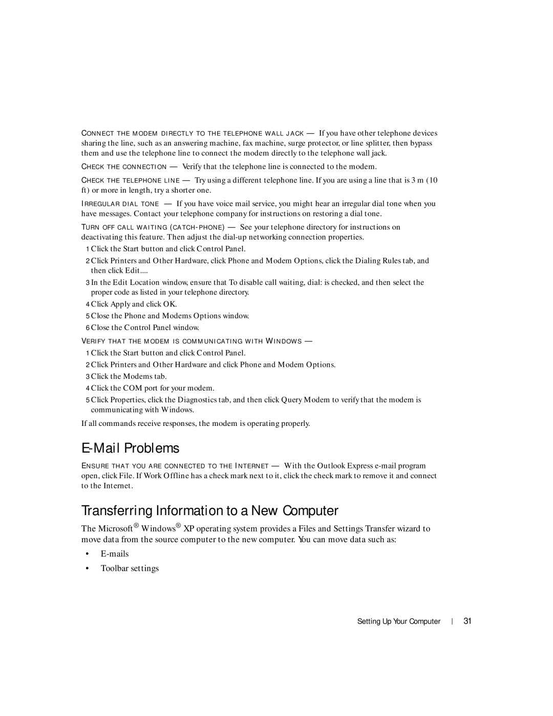 Dell Inspiron 1150 Mail Problems, Transferring Information to a New Computer, Close the Phone and Modems Options window 