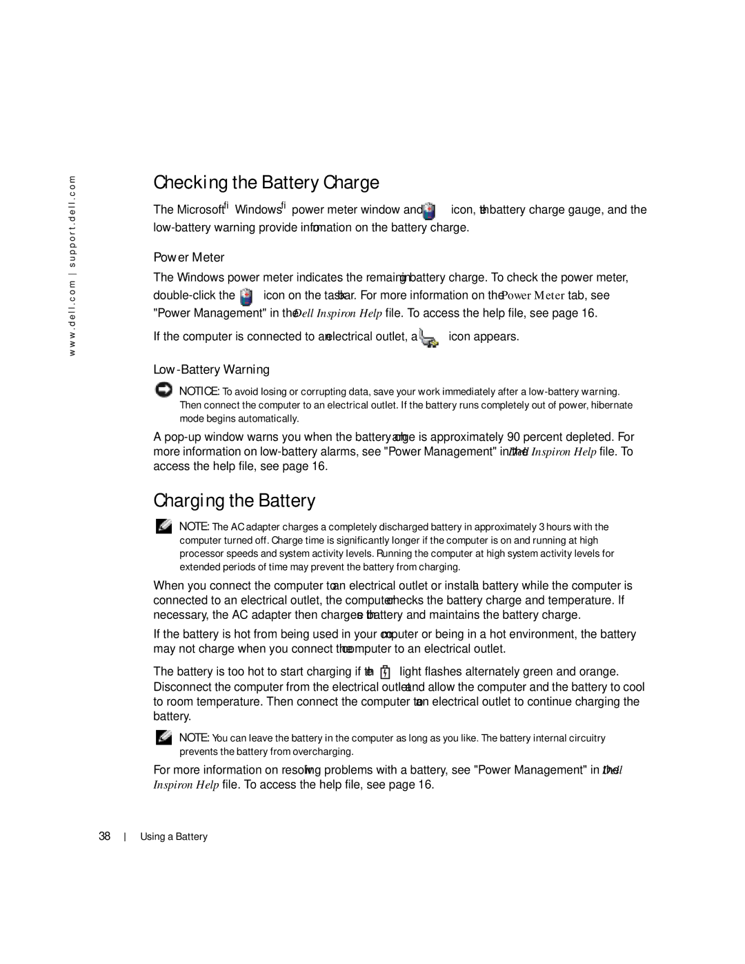 Dell Inspiron 1150 owner manual Checking the Battery Charge, Charging the Battery, Power Meter, Low-Battery Warning 