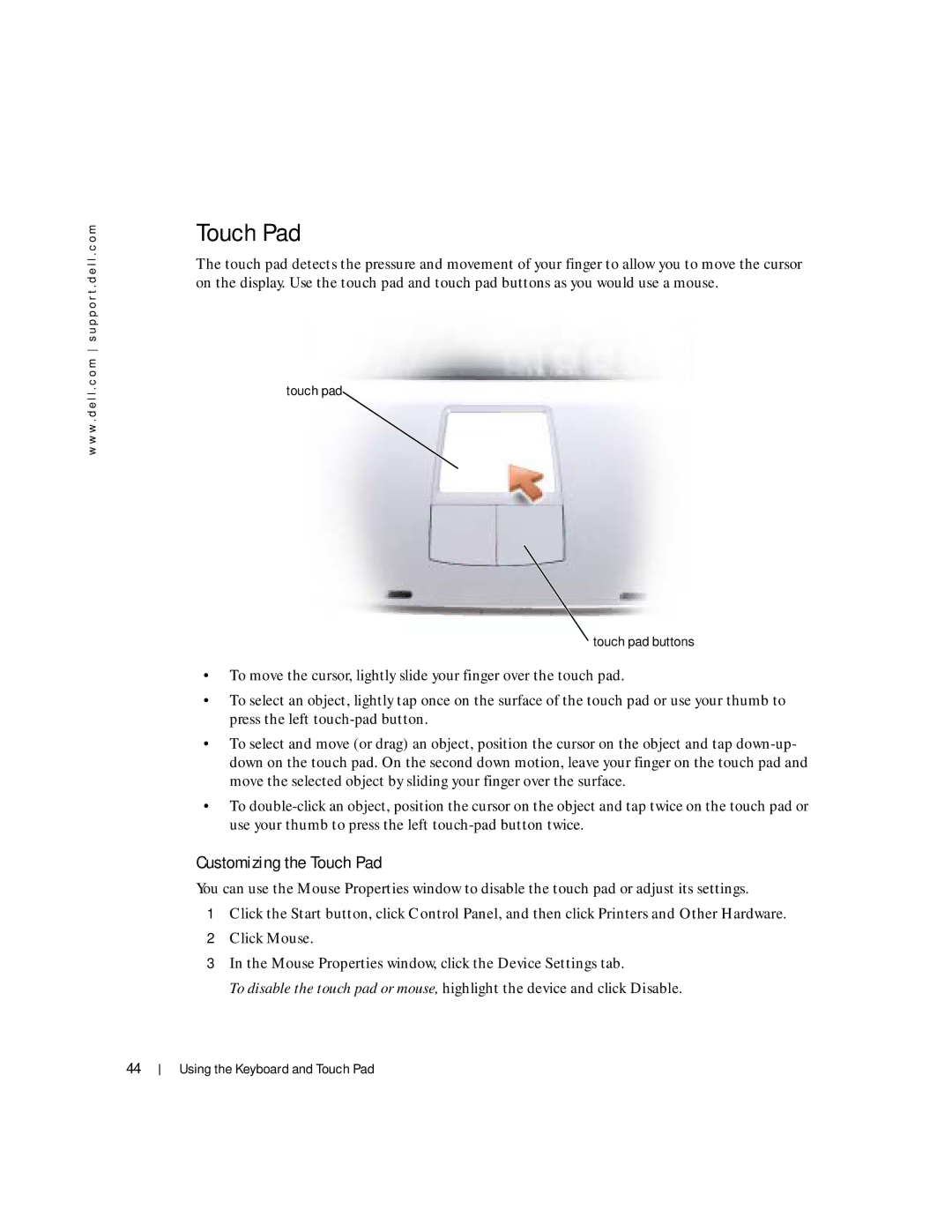 Dell Inspiron 1150 owner manual Customizing the Touch Pad 