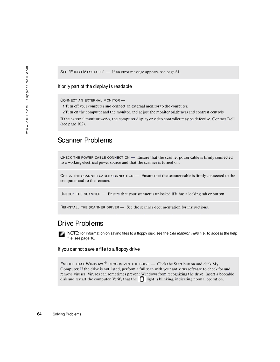 Dell Inspiron 1150 owner manual Scanner Problems, Drive Problems, If only part of the display is readable 