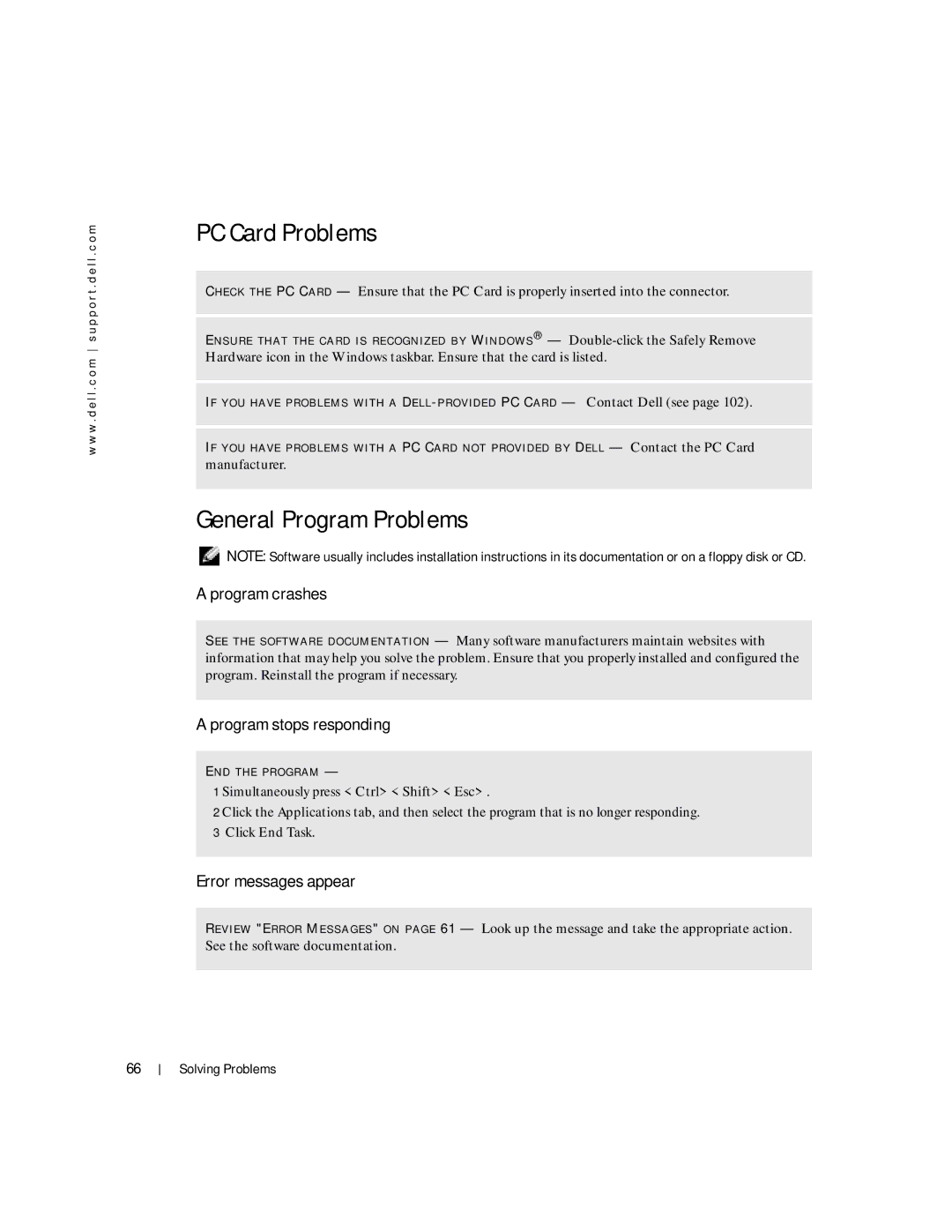 Dell Inspiron 1150 owner manual PC Card Problems, General Program Problems, Program crashes, Program stops responding 