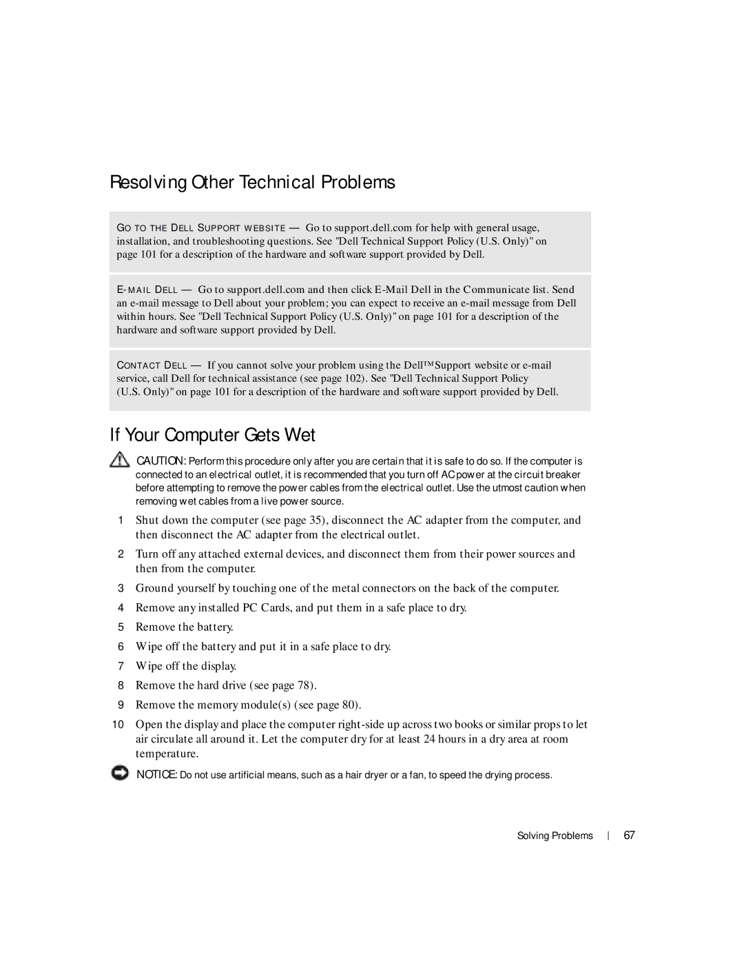 Dell Inspiron 1150 owner manual Resolving Other Technical Problems, If Your Computer Gets Wet 