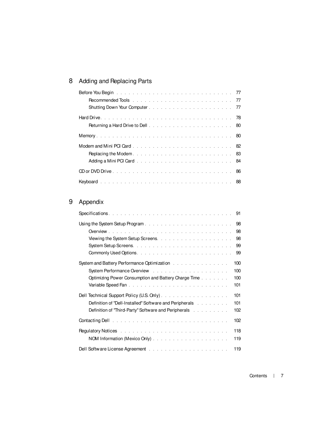 Dell Inspiron 1150 owner manual System and Battery Performance Optimization, Dell Technical Support Policy U.S. Only 