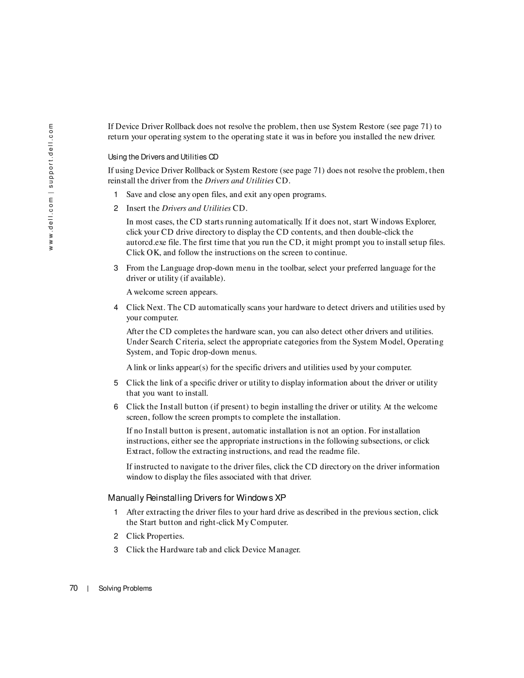 Dell Inspiron 1150 owner manual Manually Reinstalling Drivers for Windows XP, Using the Drivers and Utilities CD 