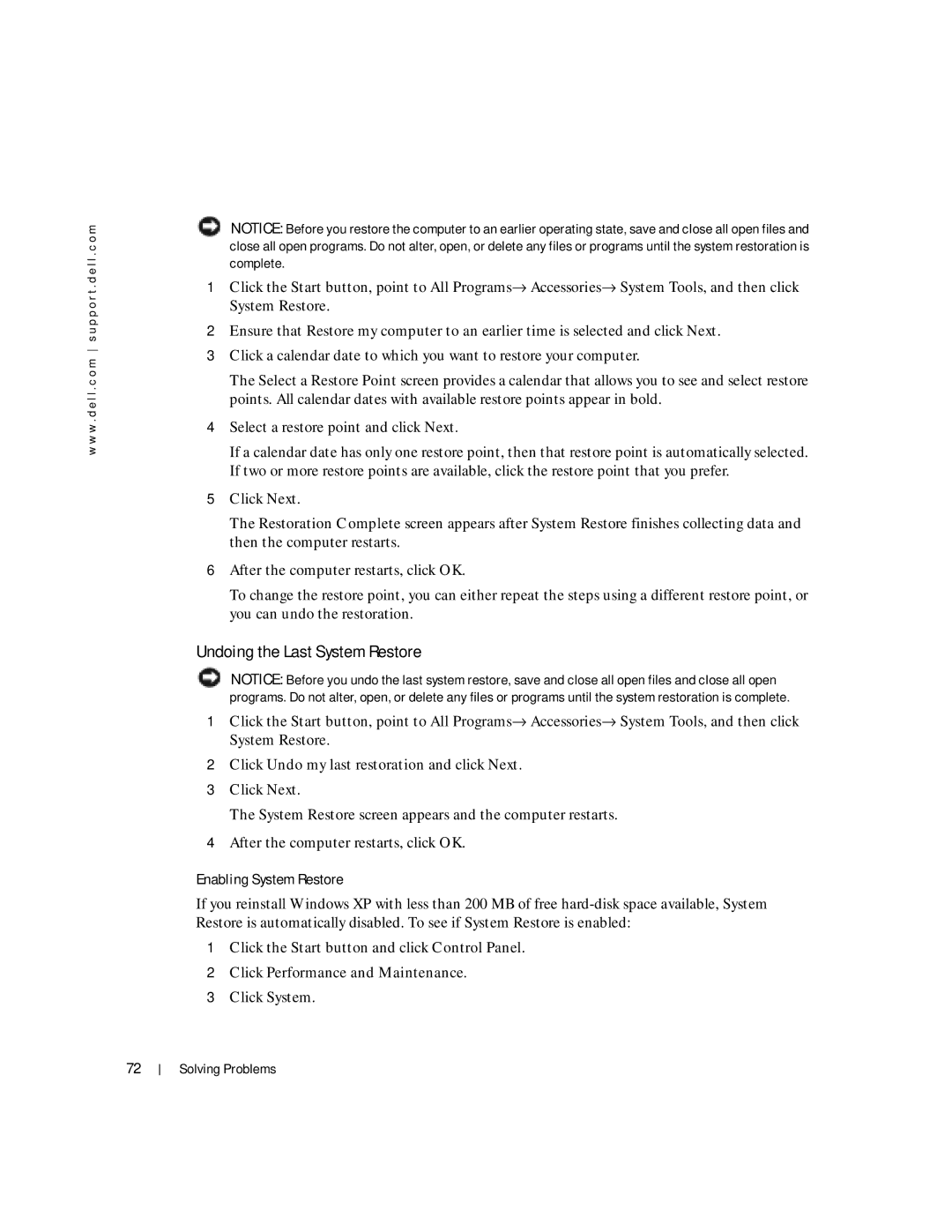 Dell Inspiron 1150 owner manual Undoing the Last System Restore, Enabling System Restore 