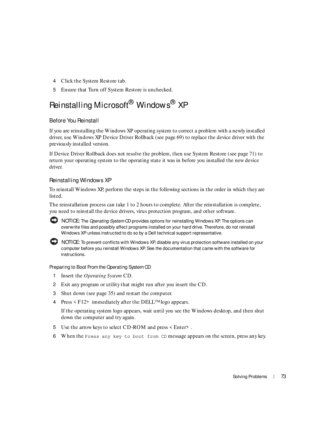 Dell Inspiron 1150 owner manual Reinstalling Microsoft Windows XP, Before You Reinstall, Reinstalling Windows XP 