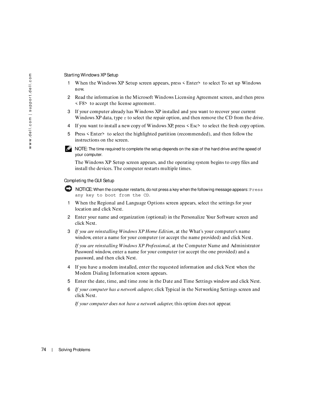 Dell Inspiron 1150 owner manual Starting Windows XP Setup, Completing the GUI Setup 