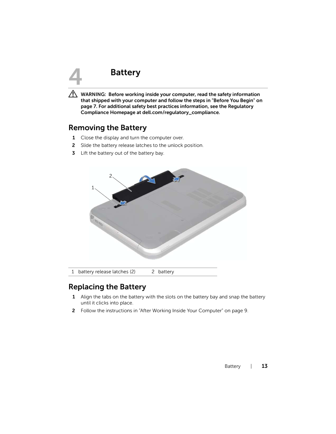 Dell Inspiron 15R manual Removing the Battery, Replacing the Battery 