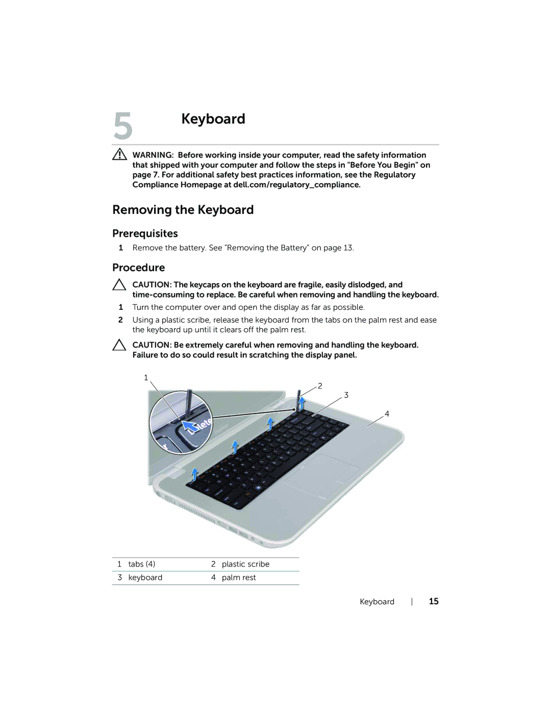 Dell Inspiron 15R manual Removing the Keyboard 