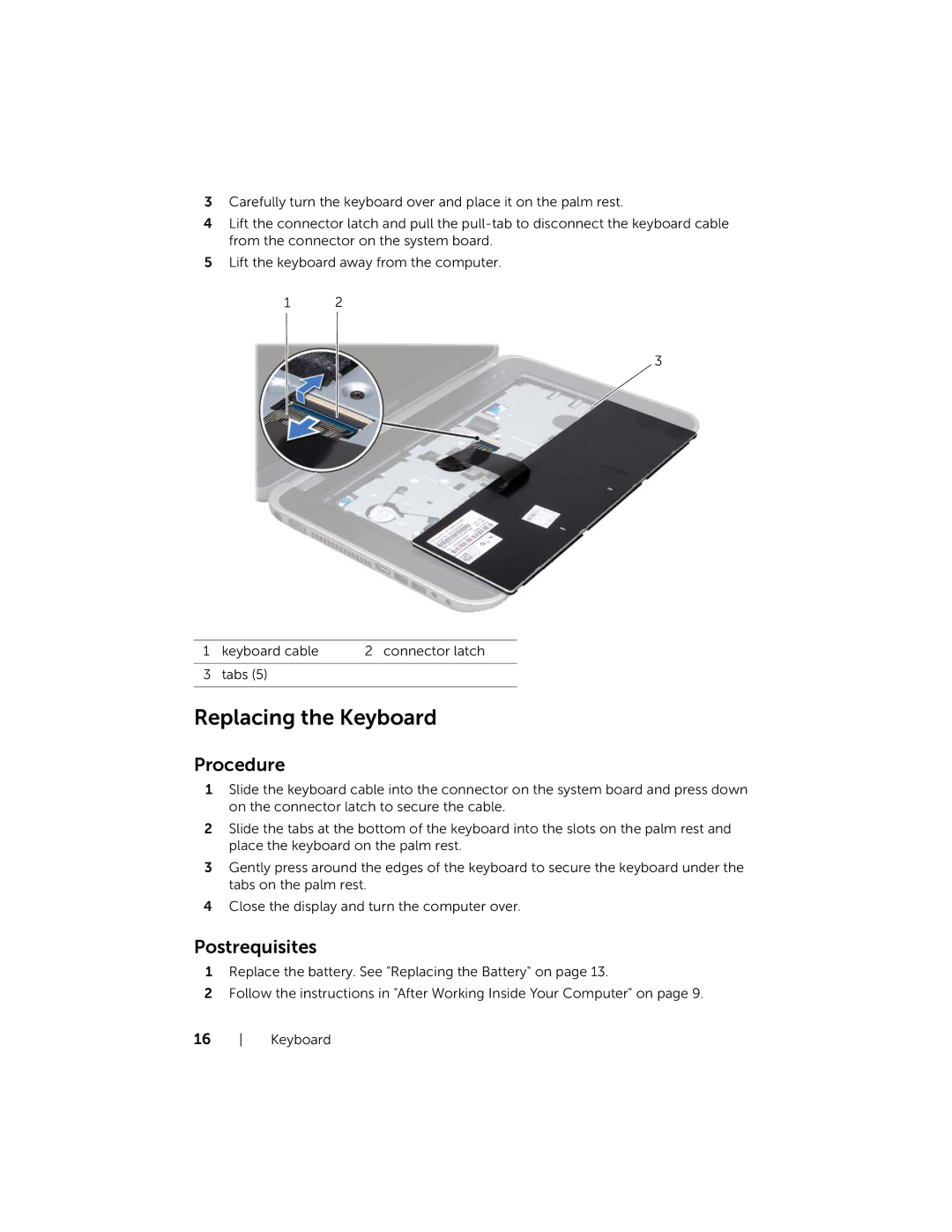 Dell Inspiron 15R manual Replacing the Keyboard, Postrequisites 