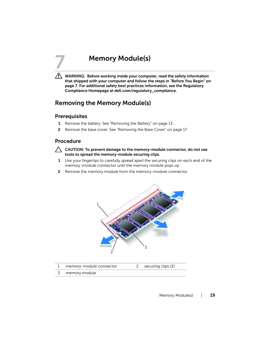 Dell Inspiron 15R manual Removing the Memory Modules 