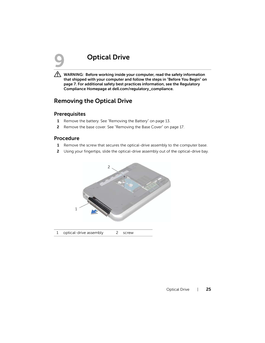 Dell Inspiron 15R manual Removing the Optical Drive 