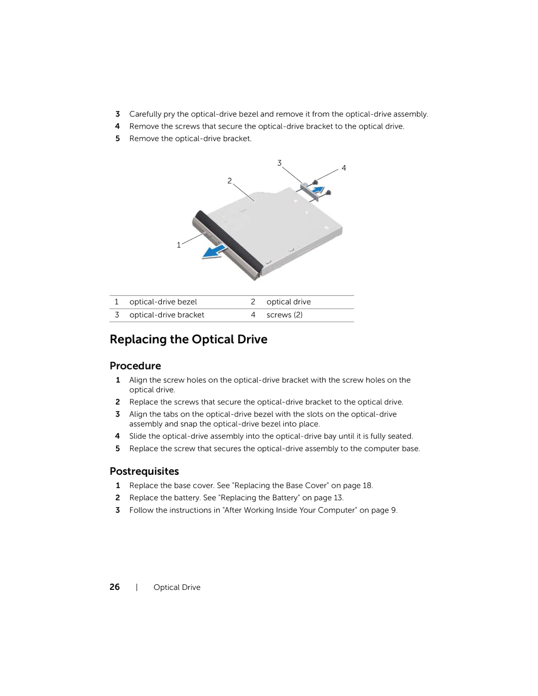 Dell Inspiron 15R manual Replacing the Optical Drive 